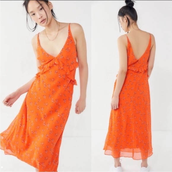 Urban Outfitters Orange Floral Heidi Midi Dress Size M - Picture 1 of 5